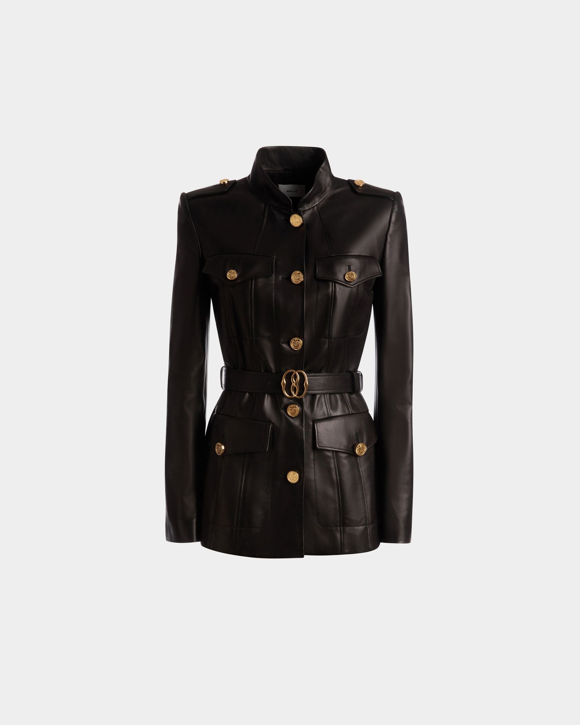 Belted Jacket | Women's Outerwear | Black Leather | Bally | Still Life Front