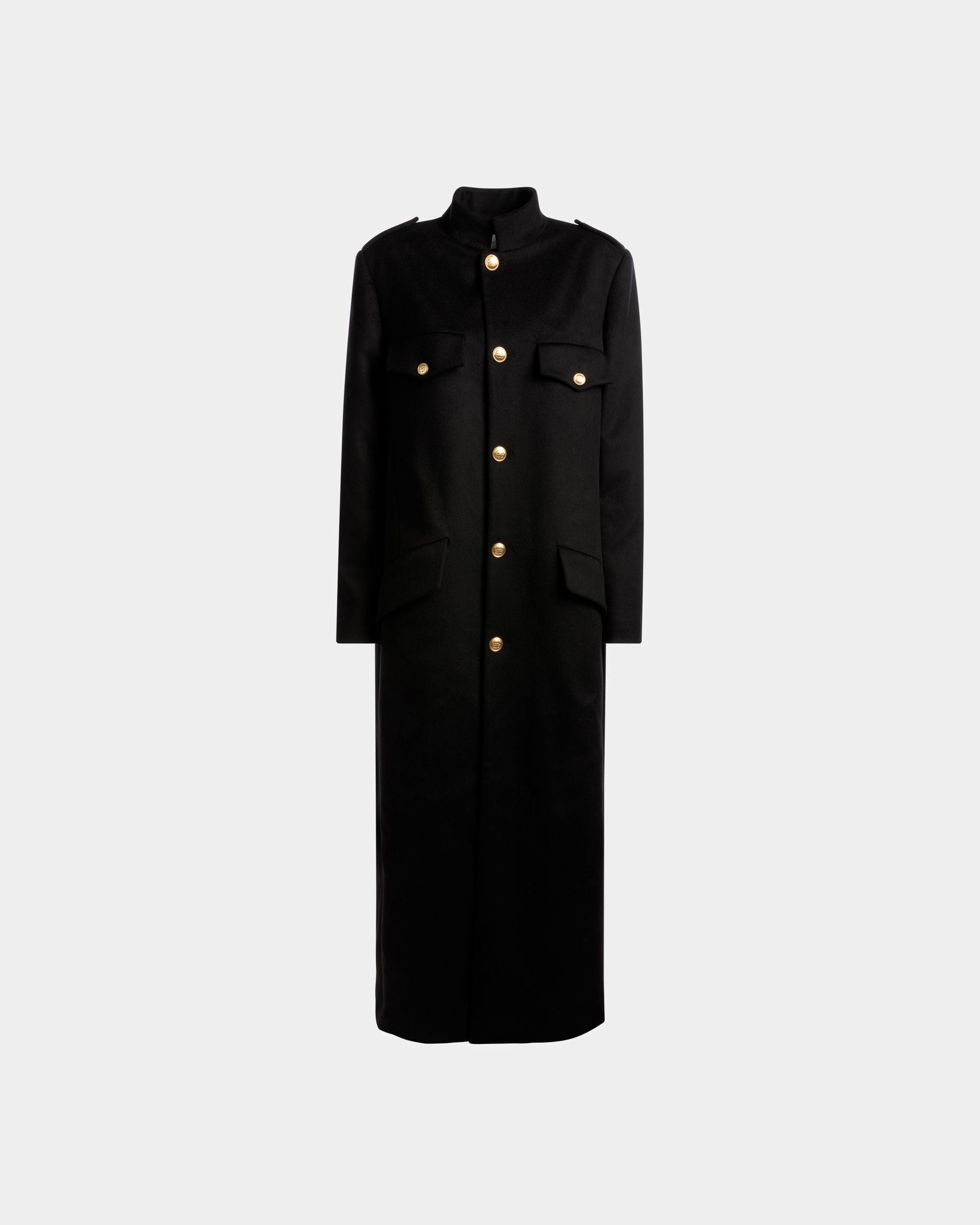 Long Buttoned Coat | Women's Outerwear | Navy Wool Mix | Bally | Still Life Front