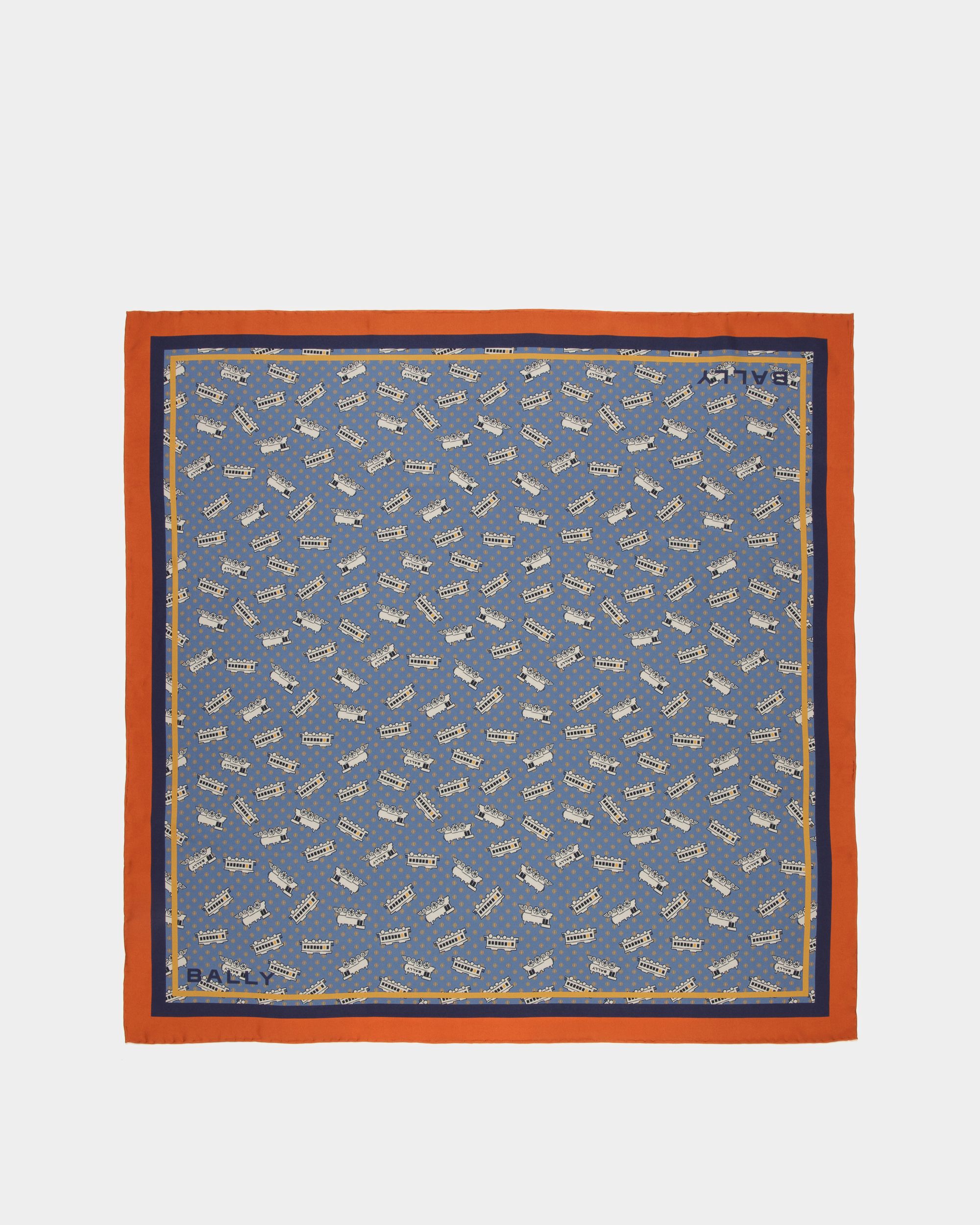 Train Print Square Scarf | Women's Scarf | Blue Silk | Bally | Still Life Top