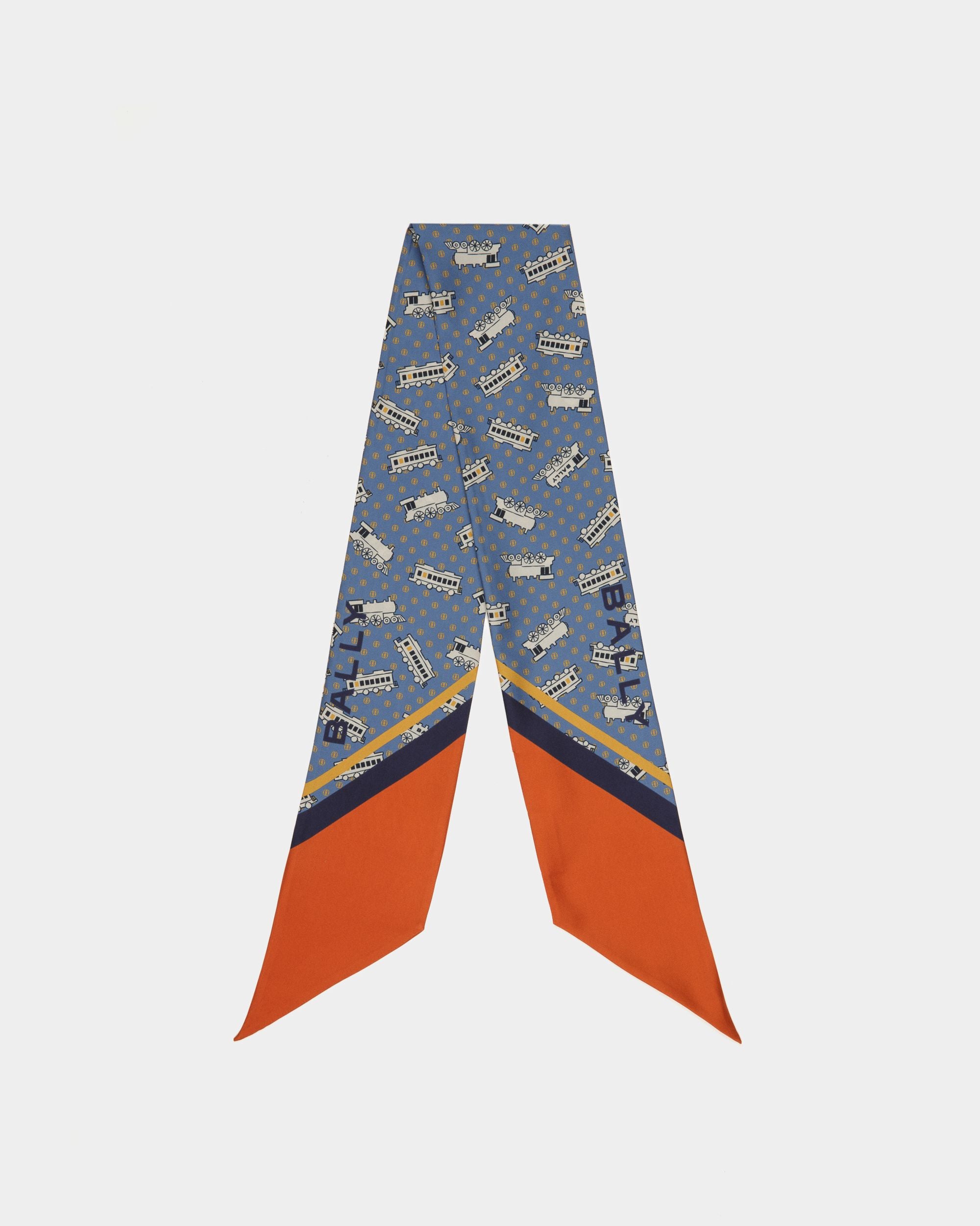 Train Print Twilly | Women's Scarf | Blue Silk | Bally | Still Life Top