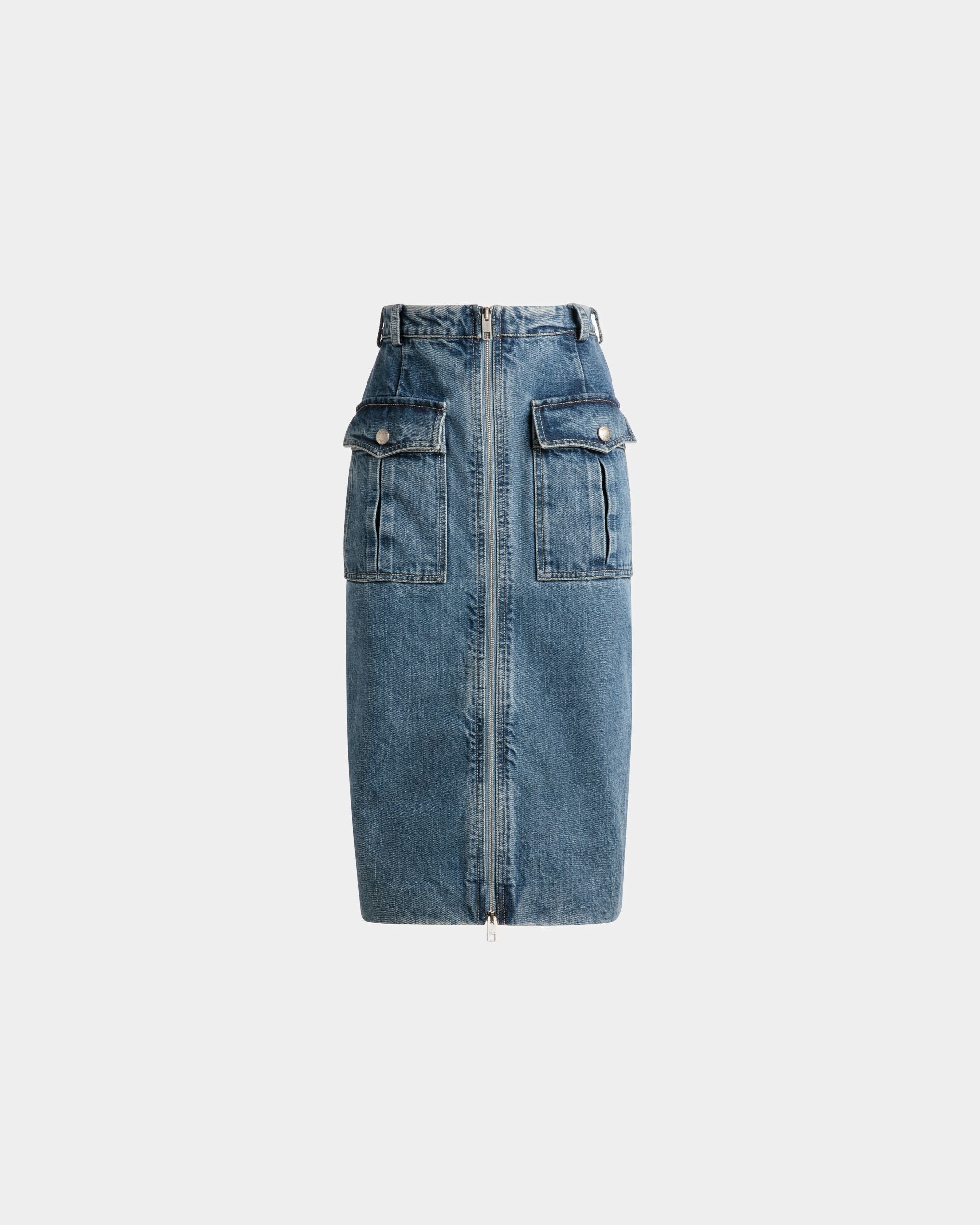 Knee Length Skirt | Women's Skirt | Light Blue Denim | Bally | Still Life Front