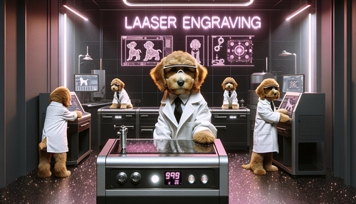 DALL·E 2023-11-05 19.47.05 - Visualize a laser engraving laboratory that is uniquely operated by puppy scientists. These puppies are labradoodles, each wearing a white lab coat, U.png__PID:414132b0-33e9-422f-9350-ca8ccc0deb0e