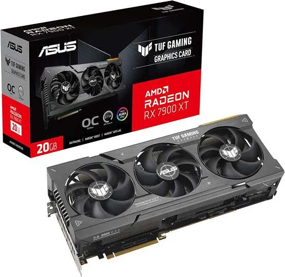 Tarjeta gráfica ASUS TUF Gaming AMD Radeon RX 7900 XT y empaque, disponibles en Prime Tech Support en Miami, FL