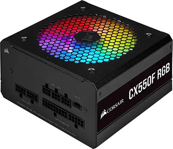 Guía de las mejores marcas de PSU para jugadores por Prime Tech Support para clientes de Gamers en Miami - Representación visual de la PSU (Unidad de fuente de alimentación) Corsair CX550F RGB para jugadores en Miami