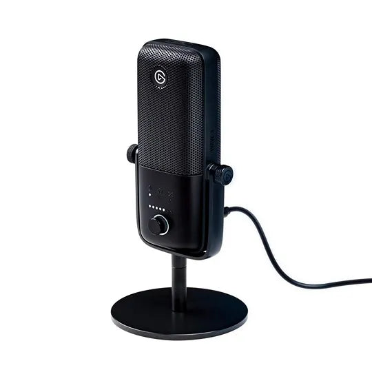 An Elgato Wave:3 USB condenser microphone in a vertical
        position. The microphone has a dark finish with a mesh grille and the Elgato
        'G' logo at the top in Miami, Florida - Prime Tech Support.