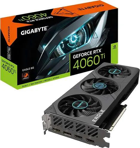 Una caja de tarjeta gráfica GIGABYTE que muestra 'GEFORCE RTX 4060 Ti'<!--nl--> junto a la tarjeta gráfica real. La tarjeta tiene dos ventiladores con la etiqueta<!--nl--> 'EAGLE' y un diseño negro con detalles en azul.