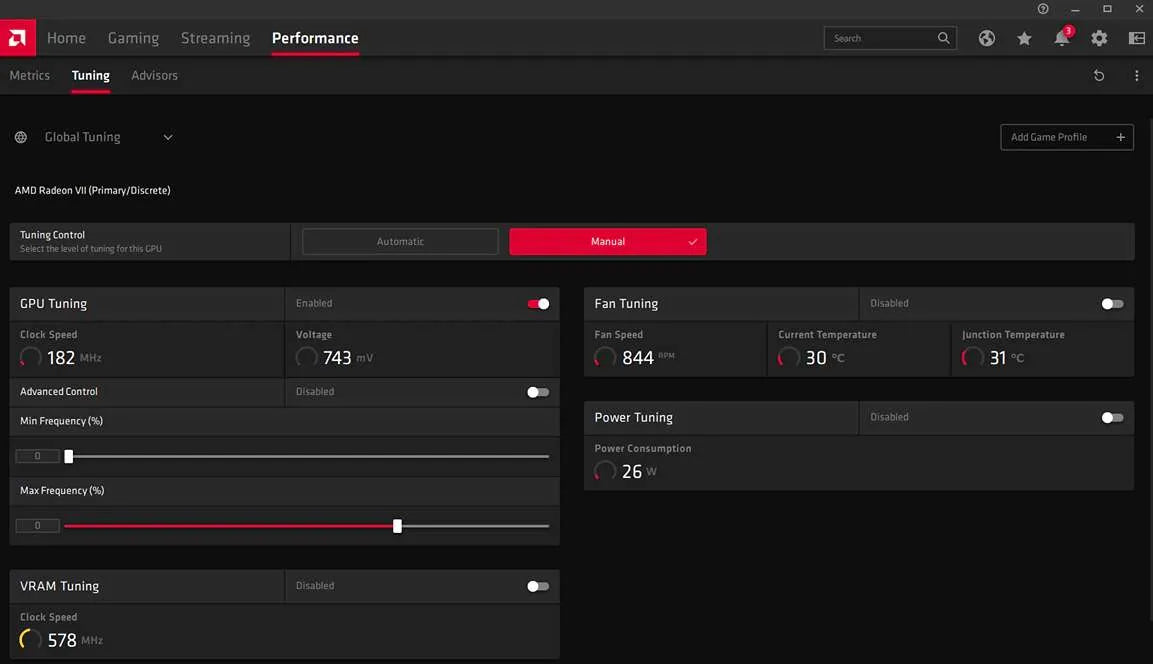 GPU tuning interface of AMD software in Miami, Florida, used by
  Prime Tech Support for performance optimization.