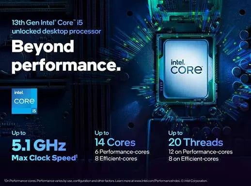 Anuncio del procesador Intel Core i5 de 13.ª generación con especificaciones, ofrecido por Prime Tech Support para un rendimiento máximo en Miami, FL.
