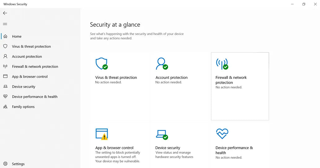 Windows Security interface displaying system protection features and
    settings.