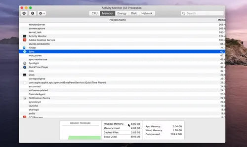 Una captura de pantalla del Monitor de actividad en macOS que muestra varios procesos<!--nl--> y su uso de memoria.