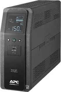 An APC battery backup unit with a digital display showing '150'.
    The device has the label 'Back-UPS Pro 1500 S' and features a power button,
    other indicators, and a textured body design.