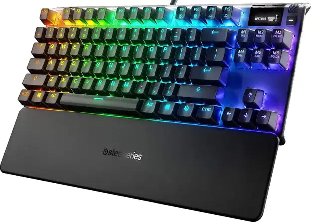 El mejor teclado mecánico por menos de 100 dólares según Prime Tech Support para clientes jugadores en Miami: representación visual que muestra el teclado SteelSeries Apex 7 Tenkeyless con un precio inferior a $100, recomendado para jugadores en Miami.