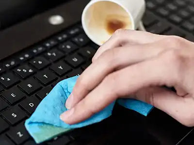 Cliente limpiando derrame de líquido de laptop en Miami