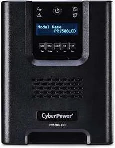 Una unidad de energía de respaldo CyberPower con una pantalla digital que muestra<!--nl--> 'Nombre del modelo PR1500LCD'. Debajo de la pantalla hay algunos botones y una pequeña rejilla de ventilación<!--nl-->. En la parte inferior está el logotipo de CyberPower con el nombre del modelo<!--nl--> 'PR1500LCD'. La unidad tiene un acabado oscuro mate y un diseño robusto.