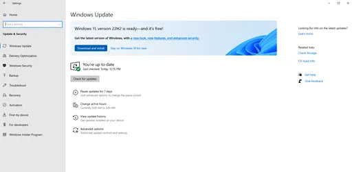 Pantalla de Windows Update en español, con la última verificación al mediodía para usuarios de <!--nl--> en Prime Tech Support en Miami, Florida.