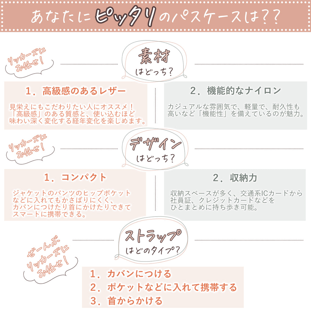 あなたにピッタリのパスケースは?? リッカーズに お任せ! 素材 はどっち? お任せ! 見栄えにもこだわりたい人にオススメ! 「「高級感」のある質感と、 使い込むほど 味わい深く変化する経年変化を楽しめます。 リッカーズに 1. 高級感のあるレザー 2. 機能的なナイロン カジュアルな雰囲気で、 軽量で、耐久性も 高いなど 「機能性」を備えているのが魅力。 デザイン はどっち? 1. コンパクト 2. 収納力 ジャケットのパンツのヒップポケット などに入れてもかさばりにくく、 カバンにつけたり首にかけたりできて スマートに携帯できる。 ぜーんぶ リッカーズに お任せ! 収納スペースが多く、 交通系ICカードから 社員証、 クレジットカードなどを ひとまとめに持ち歩き可能。 ストラップ はどのタイプ? 1. カバンにつける 2. ポケットなどに入れて携帯する 3. 首からかける