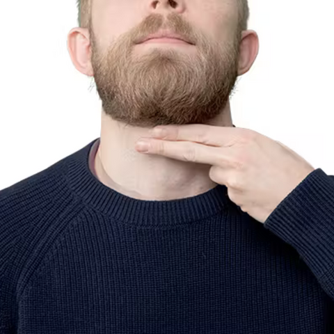 man demonstarting neckline guide with two fingers agaisnt neck