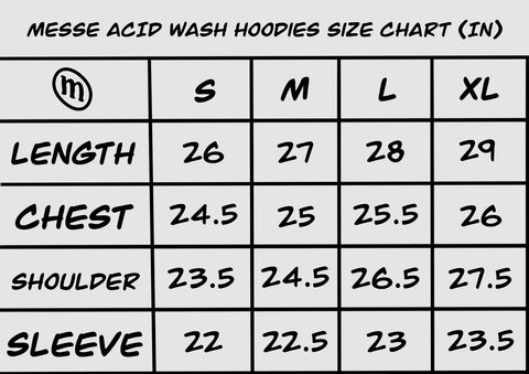 Acid Wash Hoodies Size Chart