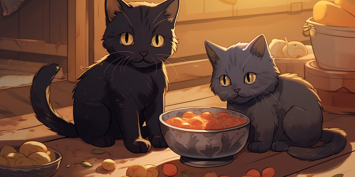 2 gatos con un cuenco de comida