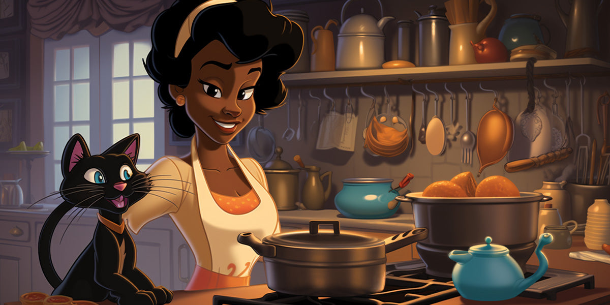 un mujer negra con un gato negro en la cocina