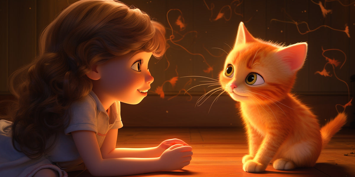 una niña y un gato naranja