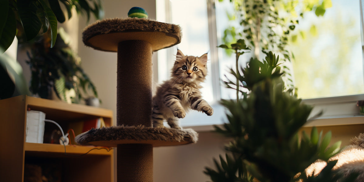 un gatito saltando de un arbol para gatos