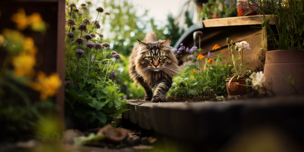 un gato maine coon en un jardin