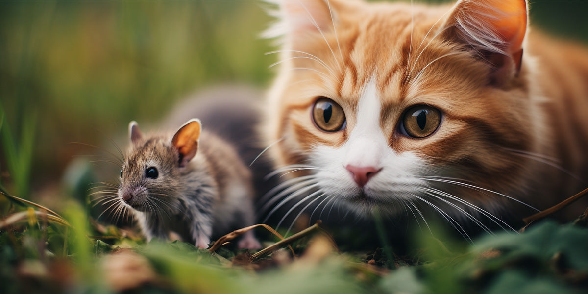 un raton con un gato en un jardin