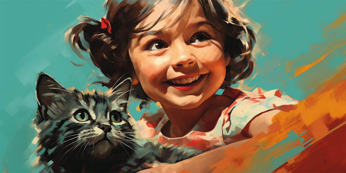 una niña con un gatito munchkin pop art