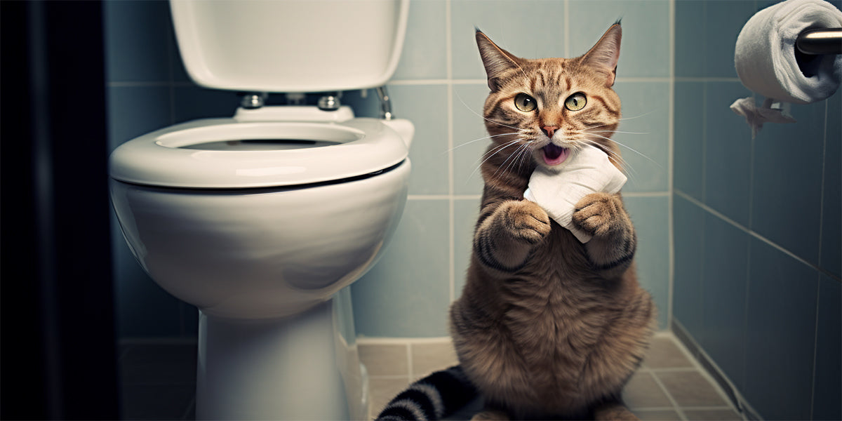 un gato usando el baño siendo sorprendido