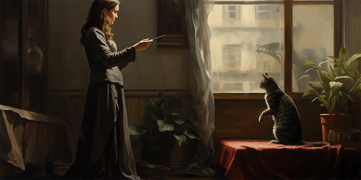 una pintura de una mujer entrenando su gato