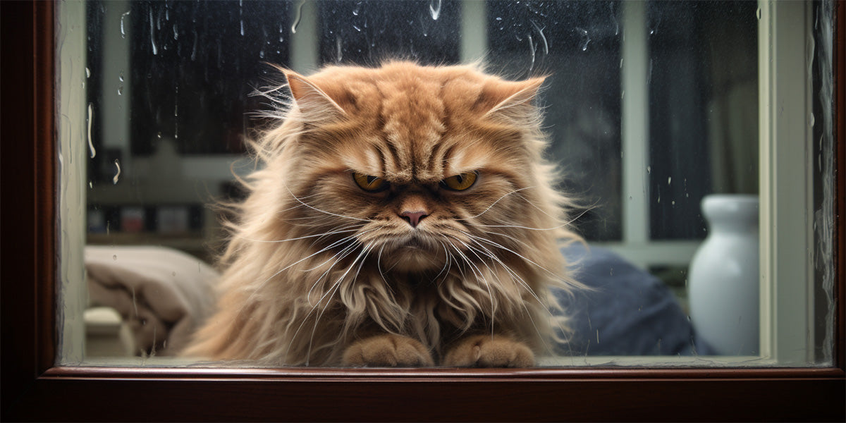 un gato enojado mirando por la ventana