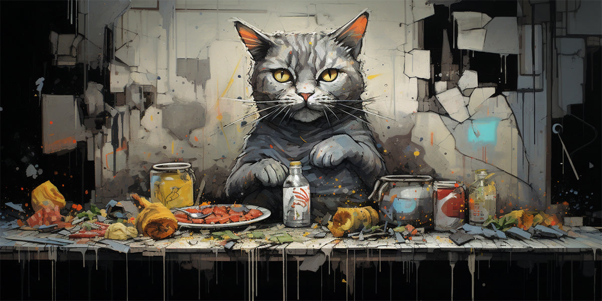 graffiti de un gato con comida para humanos