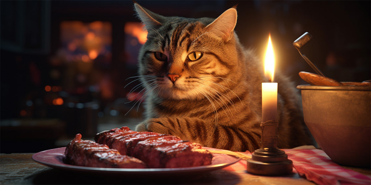 un gato listo para comer carne