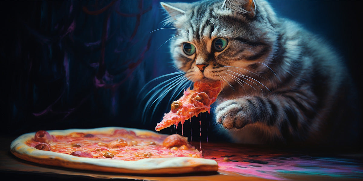 un gato comiendo pizza