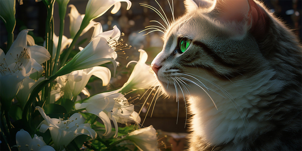 un gato mirando lirios de pascua