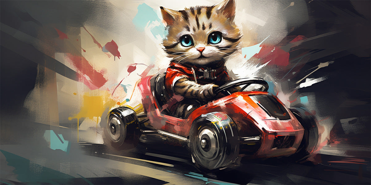 un gatito manejando un karting