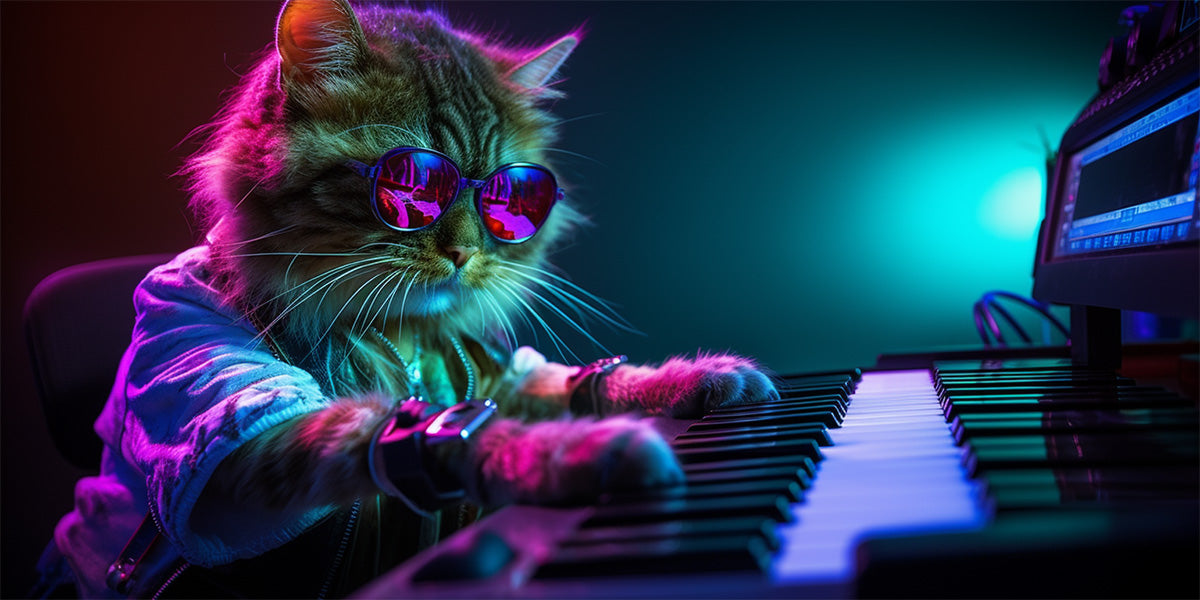 gato tocando piano electronico