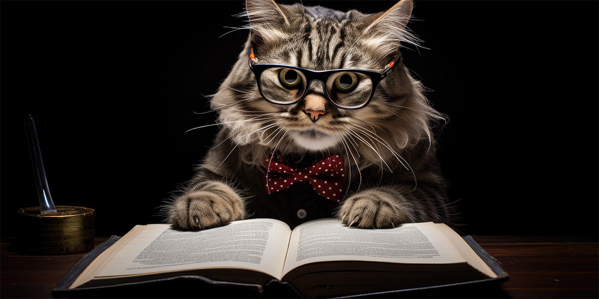 un gato con gafas leyendo un libro