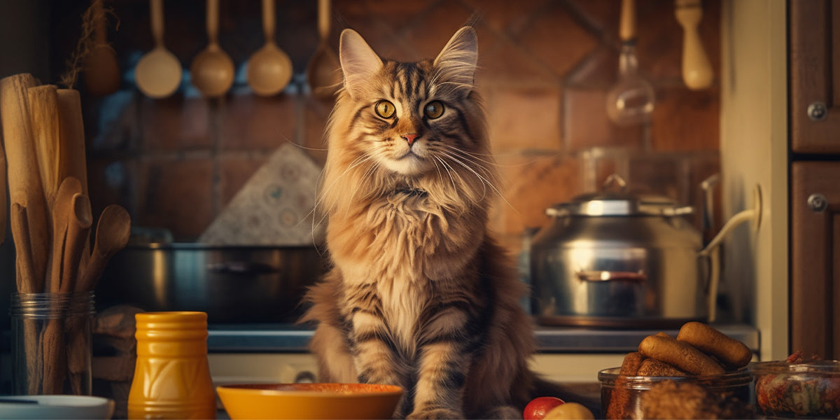 gato maine coon en la cocina