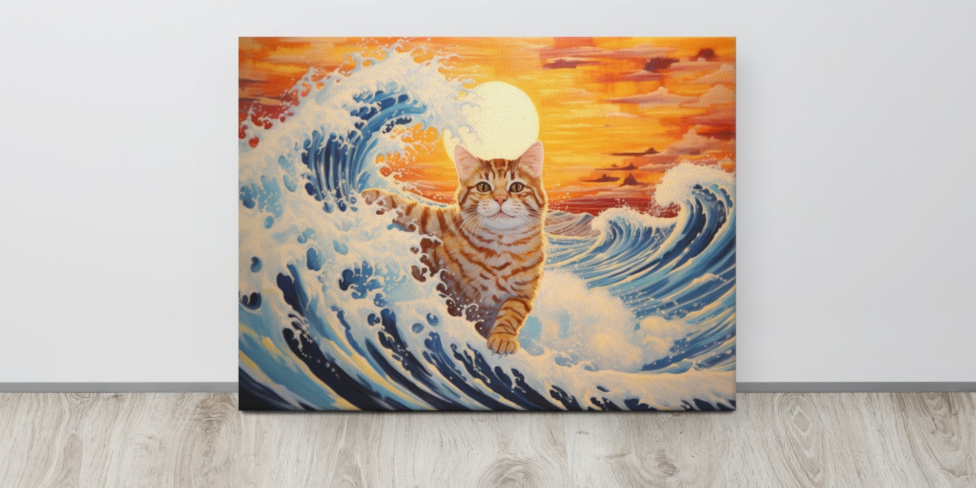 un gato en la gran ola de Kanagawa