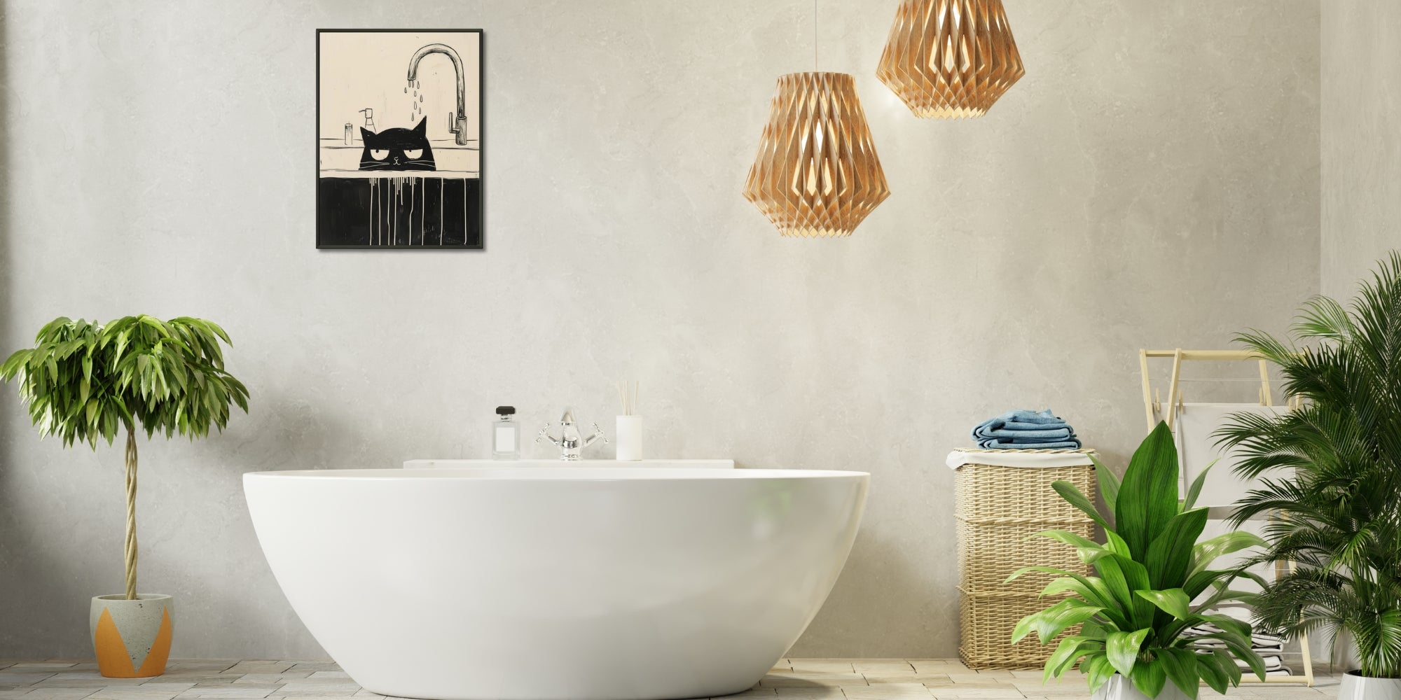 sala de baño con cuadro de gato