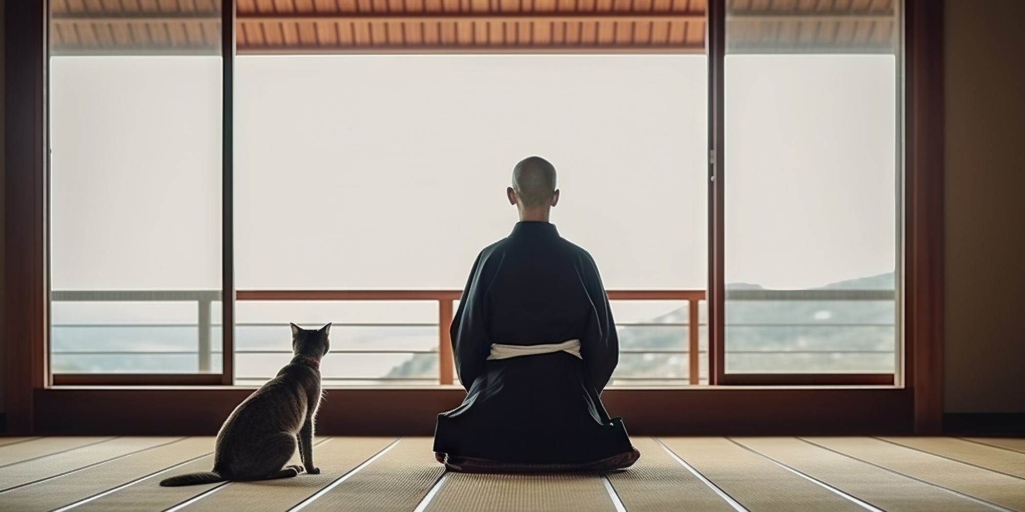 monje con kimono sentado junto a un gato