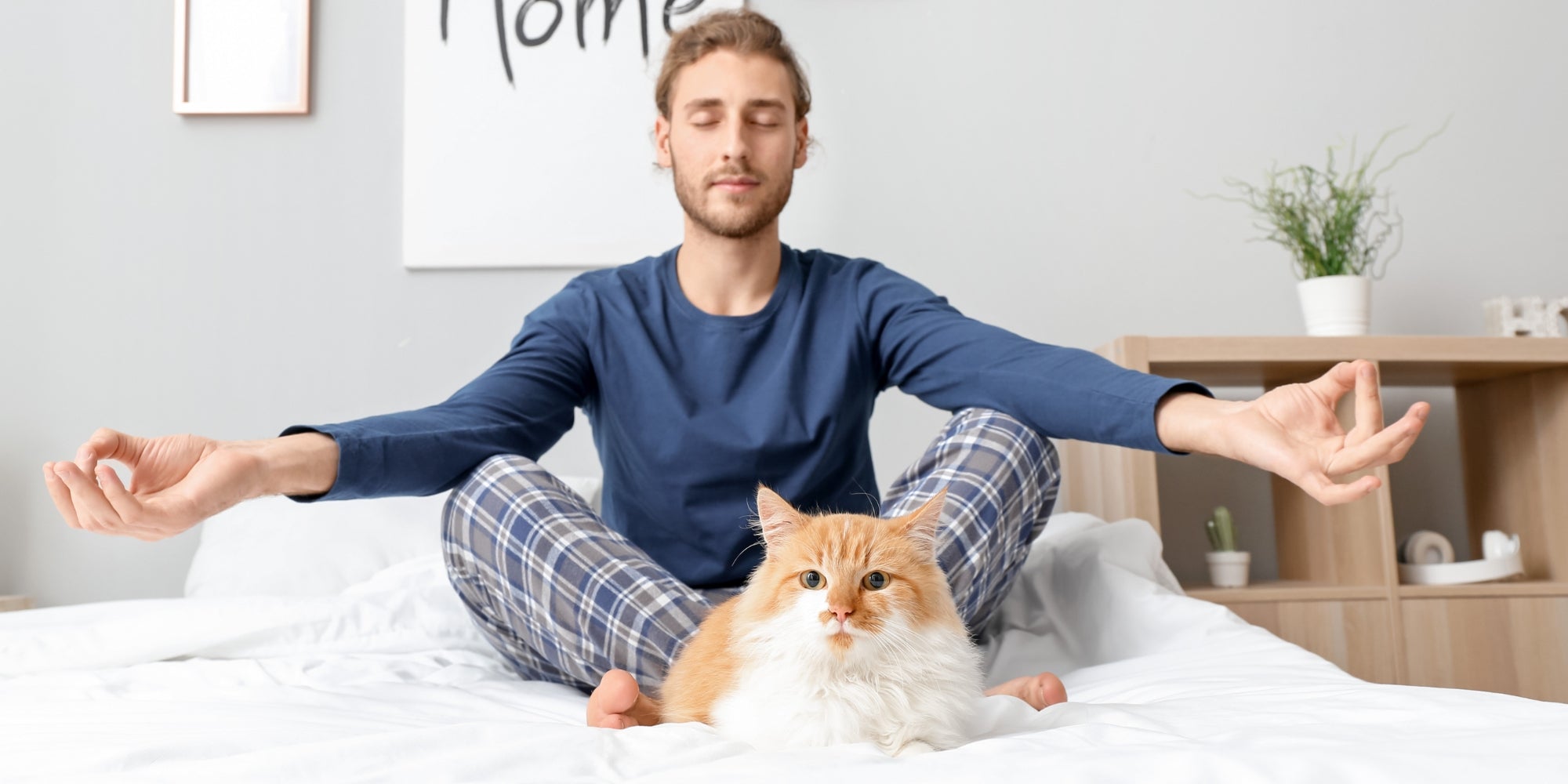 Hombre joven con lindo gato meditando en el dormitorio