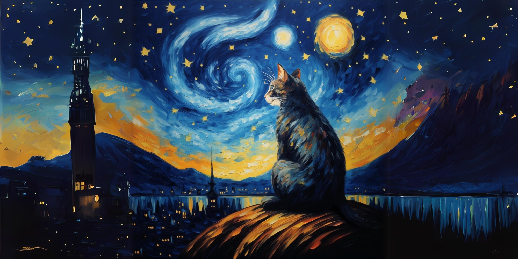 un gato en la noche estrellada