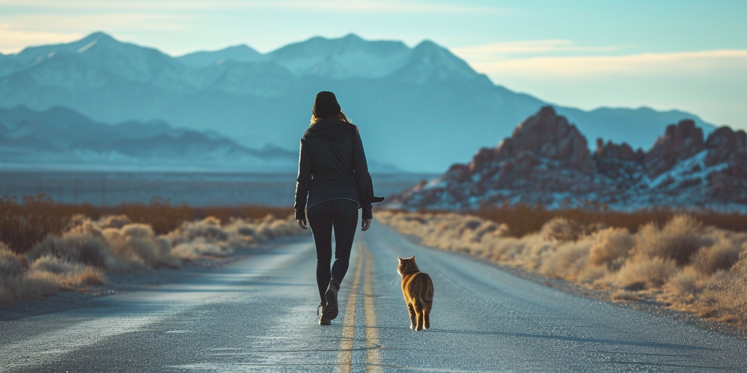 Un gato y su dueña paseando en la ruta del Nevada