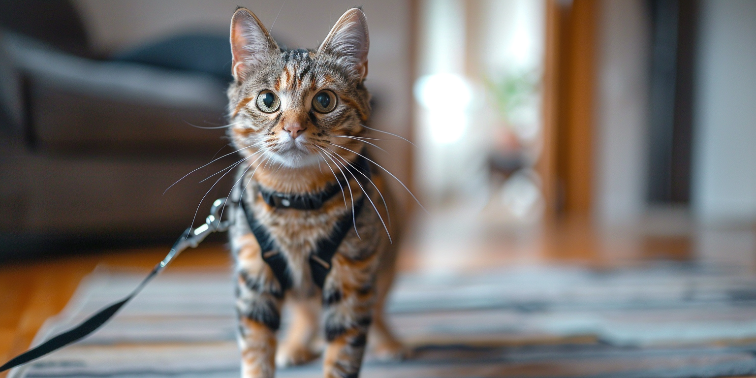 Un gato explorando la casa con su arnés