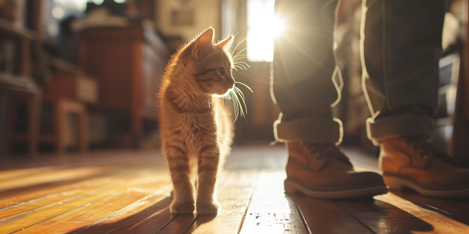 Un gato siguiendo a una persona de una habitación a otra