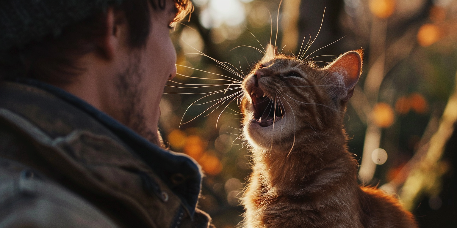 Un gato maullando suavemente hacia su dueño