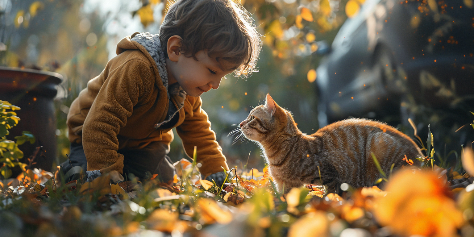 Un gato jugando con un niño